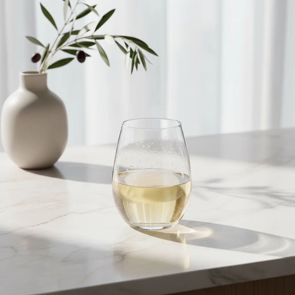 AI-generated glass of white wine beside a vase and olive branches.