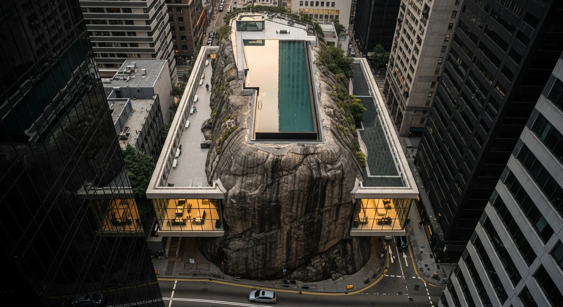 AI-generated aerial view of a pool and architecture embedded in a rocky city structure.