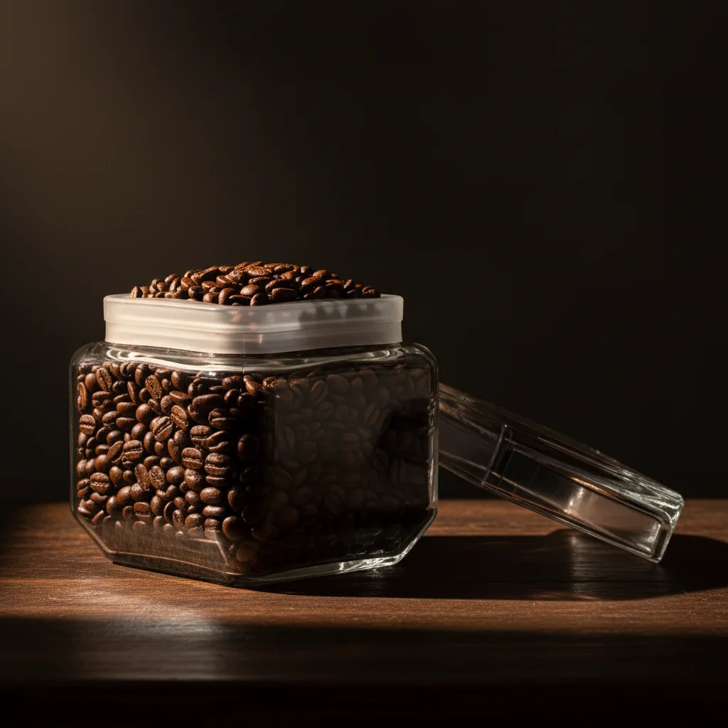 AI-generated glass jar filled with coffee beans in warm directional light.